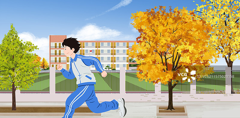 夏天夏季中学生高中生毕业季走出校门教学楼操场跑步庆祝欢乐操场照相留念纪念插画图片素材