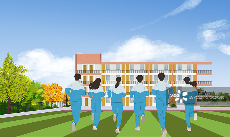 夏天夏季中学生高中生毕业季走出校门教学楼操场跑步庆祝欢乐操场照相留念纪念插画图片素材