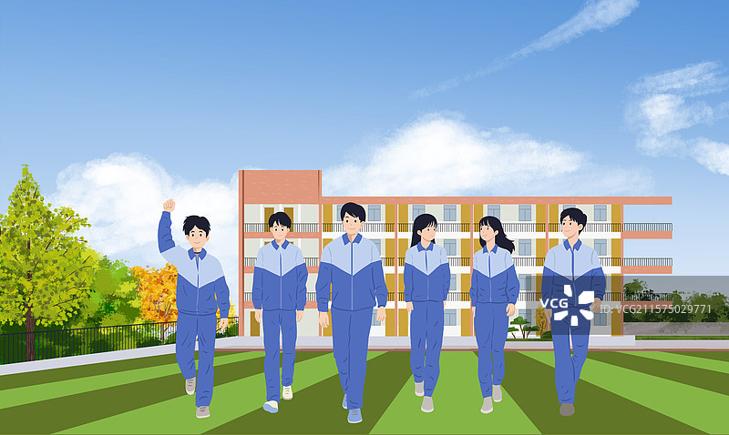 夏天夏季中学生高中生毕业季走出校门教学楼操场跑步庆祝欢乐操场照相留念纪念插画图片素材