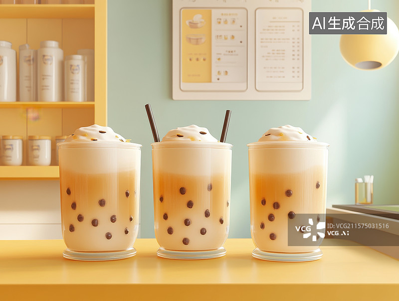 【AI数字艺术】三杯珍珠奶茶置于黄色吧台前图片素材