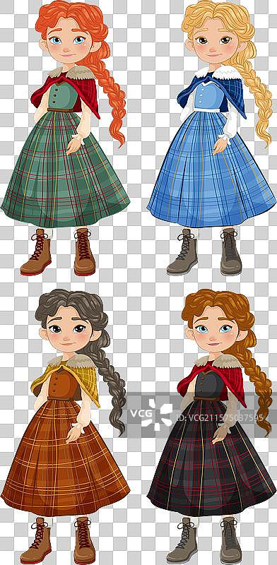 四个穿着彩色格子裙的女孩图片素材