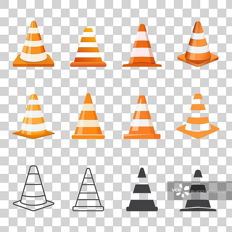 平面风格的交通锥图标集 安全图片素材