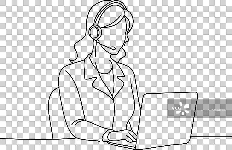 女性在呼叫中心工作的连续线条画图片素材