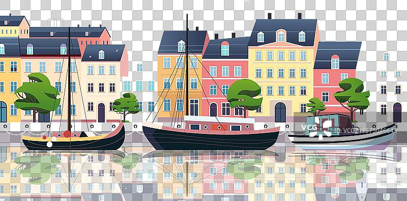 色彩斑斓的港口场景，船只停靠在岸边图片素材