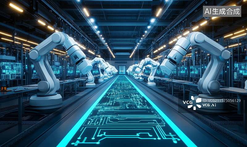 【AI数字艺术】科幻插画人工智能生产线图片素材