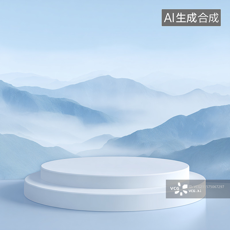 【AI数字艺术】以云雾缭绕的山峰为背景的产品展台图片素材