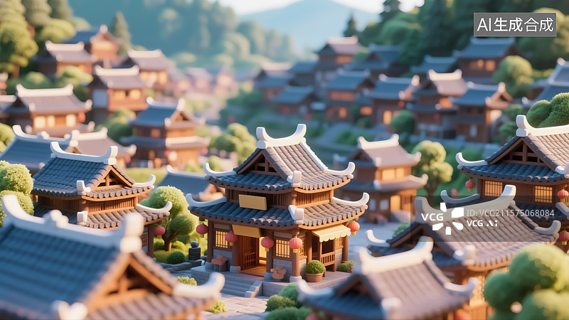 【AI数字艺术】中式建筑山寨三维插画图片素材