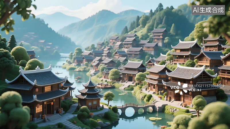 【AI数字艺术】中式建筑山寨三维插画图片素材