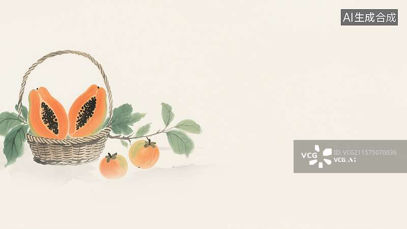 【AI数字艺术】水墨画木瓜竹篮与柿子背景居左图片素材