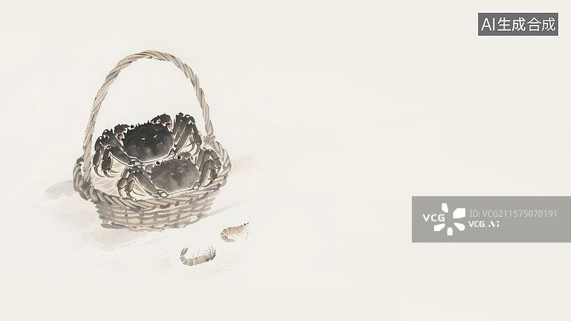 【AI数字艺术】水墨画蟹虾竹篮背景居左图片素材