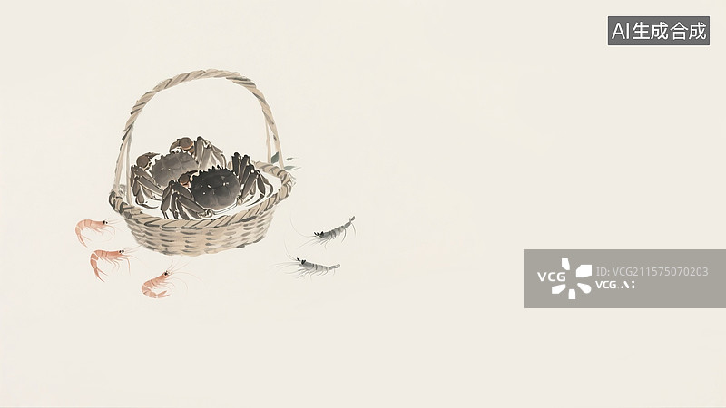 【AI数字艺术】水墨画蟹虾竹篮背景居左图片素材