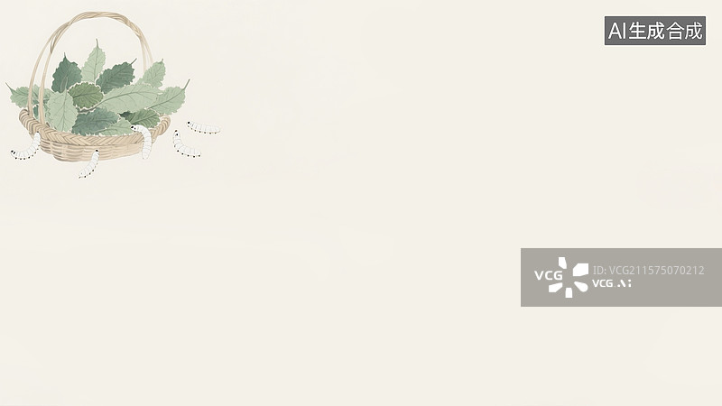 【AI数字艺术】水墨画竹篮桑叶与蚕宝宝背景左上图片素材