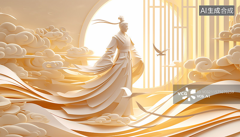 【AI数字艺术】古代诗人祥云飞鸟飘带屏风中国文化剪纸风三维图图片素材