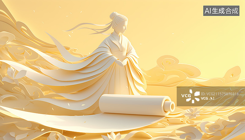 【AI数字艺术】古代女性诗人祥云卷轴流体中国文化三维图图片素材