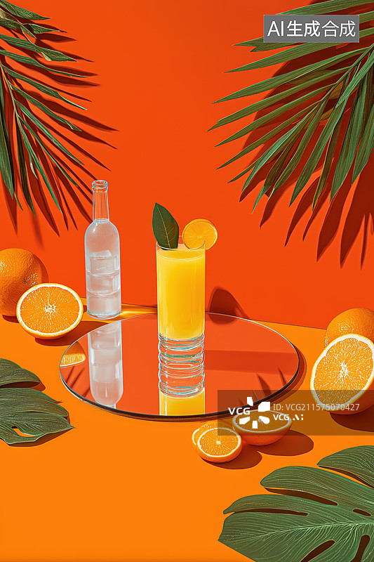 【AI数字艺术】热带水果与橙色背景的清新布置图片素材