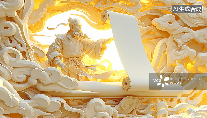 【AI数字艺术】古代老者看着卷轴金色流云剪纸风文化三维图图片素材