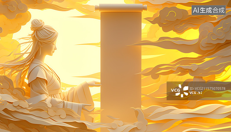 【AI数字艺术】淡金色祥云汉服女性卷轴新中式三维剪纸图片素材