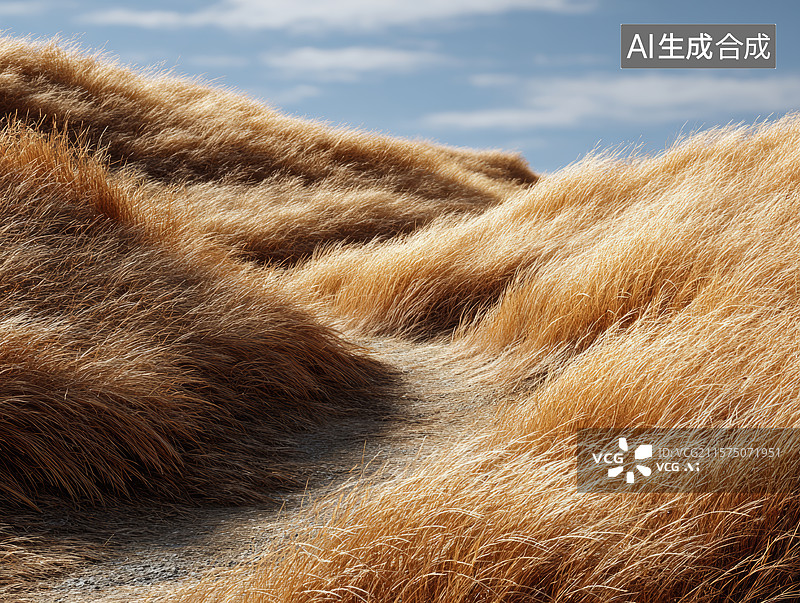 【AI数字艺术】金色草原上蜿蜒的小径图片素材