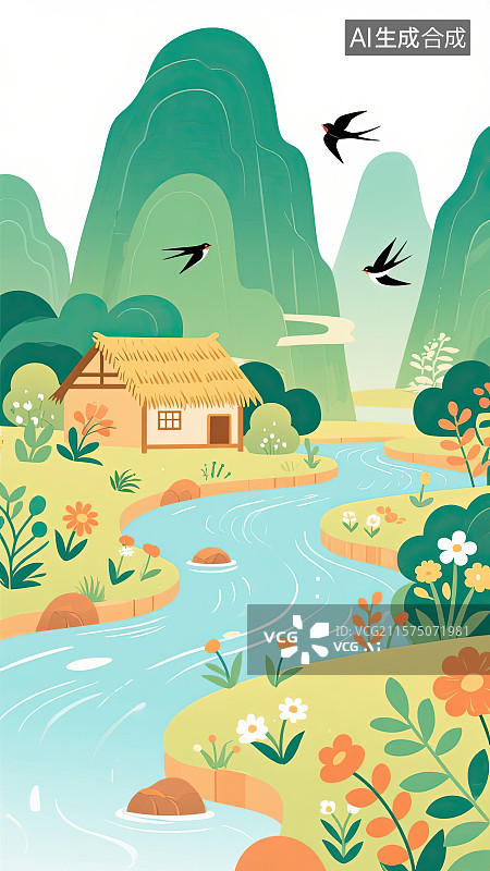 【AI数字艺术】山水，河流，茅草屋，燕子，矢量插画图片素材