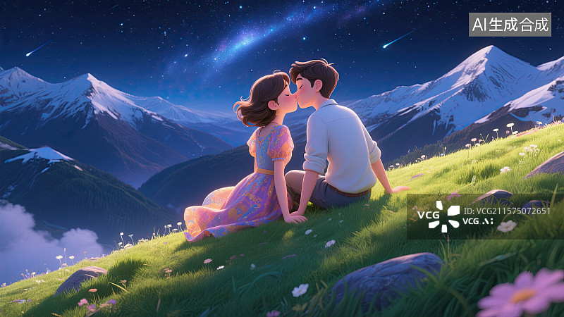 【AI数字艺术】情侣，接吻，雪山，银河，彗星图片素材