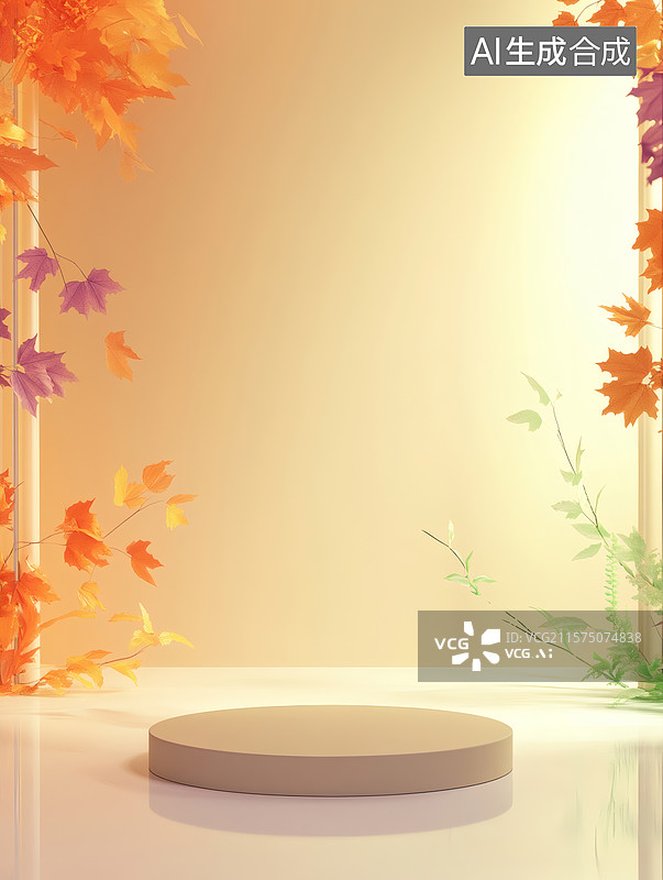 【AI数字艺术】秋叶环绕的展示台图片素材