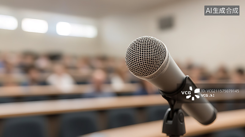 【AI数字艺术】主席台上的话筒和虚化的会议室背景图片素材