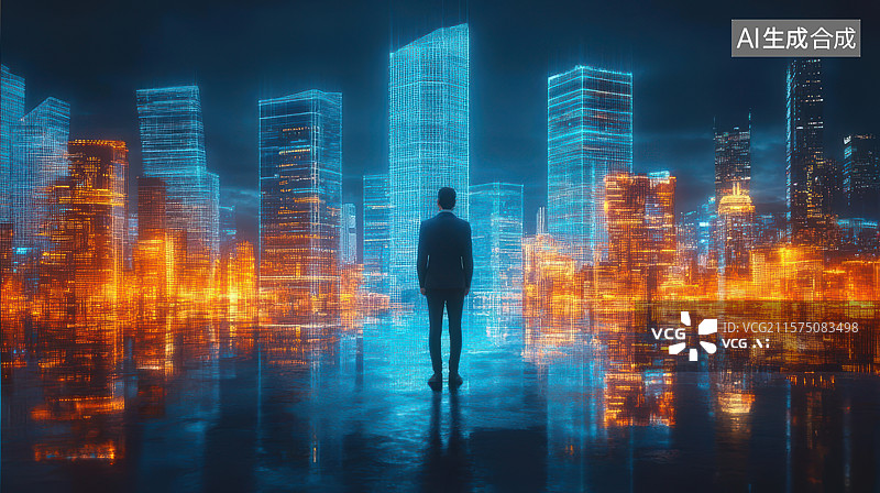 【AI数字艺术】都市玻璃栈道独行者夜景图图片素材