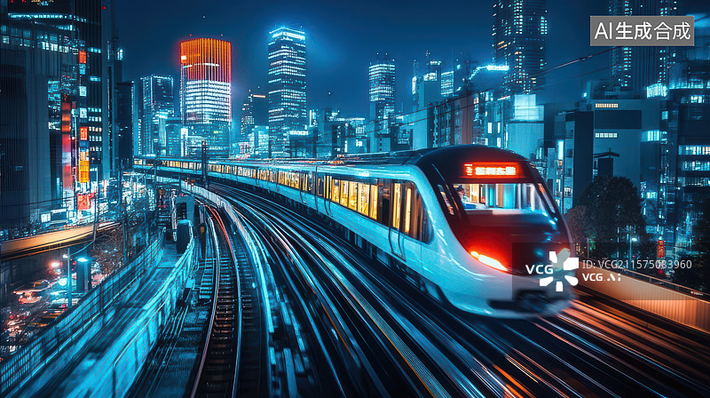 【AI数字艺术】未来都市磁悬浮列车夜景图片素材