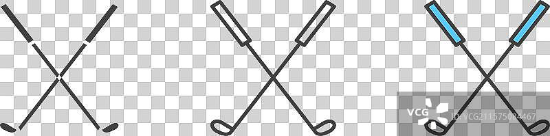 高尔夫球杆图标集和两根曲棍球棒符号图片素材