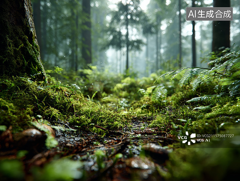 【AI数字艺术】林地地表的苔藓与落叶细节图片素材