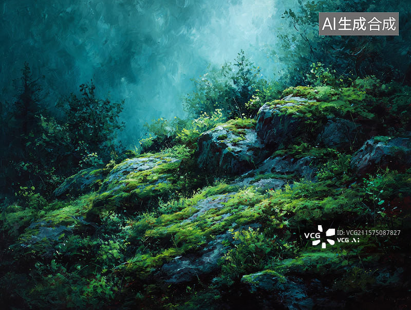 【AI数字艺术】苔藓覆盖的岩石与山林植被图片素材