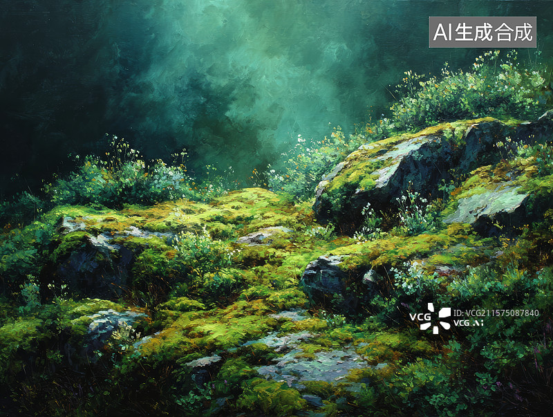 【AI数字艺术】苔藓覆盖的岩石与山林植被图片素材