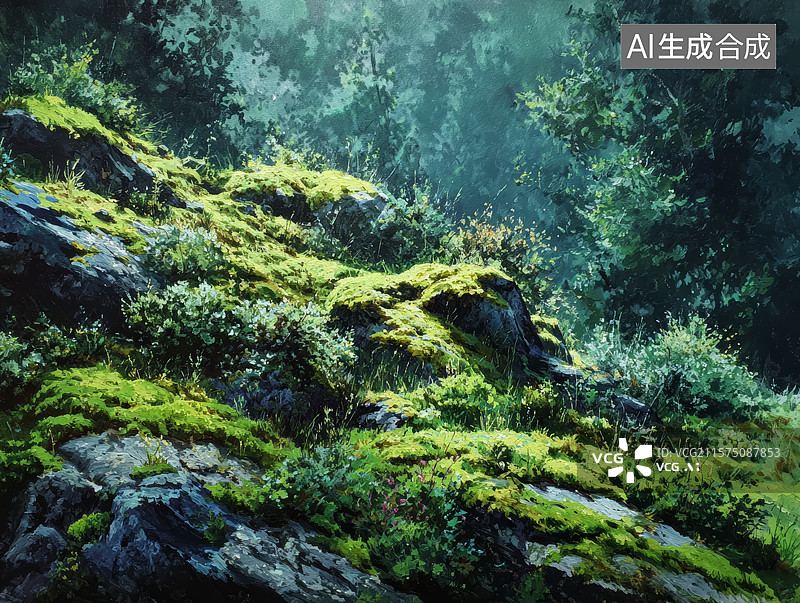 【AI数字艺术】苔藓覆盖的岩石与山林植被图片素材