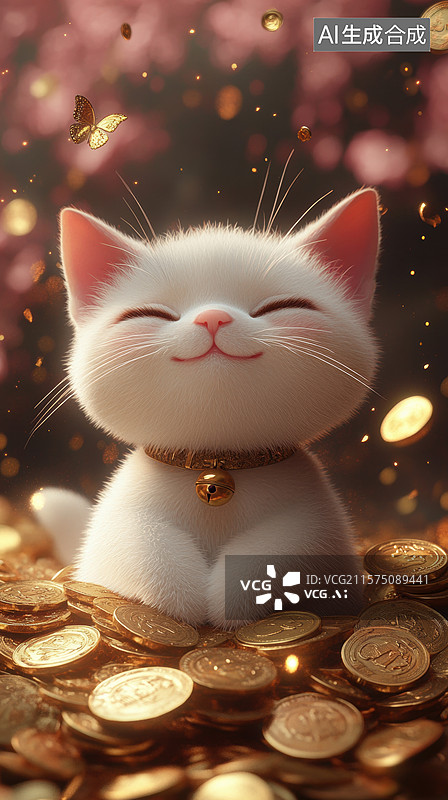 【AI数字艺术】白猫坐在金币堆上图片素材