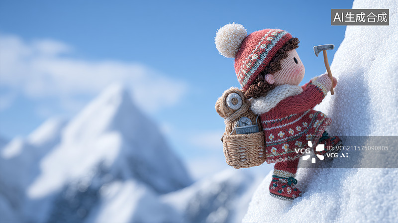 【AI数字艺术】雪地探险：小人偶攀爬雪山图片素材