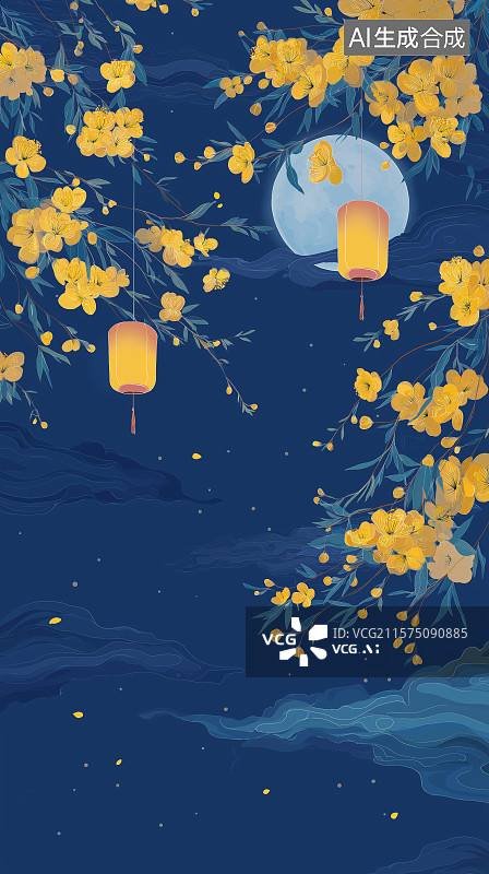 【AI数字艺术】中秋节主题背景——满月、桂花与灯笼图片素材