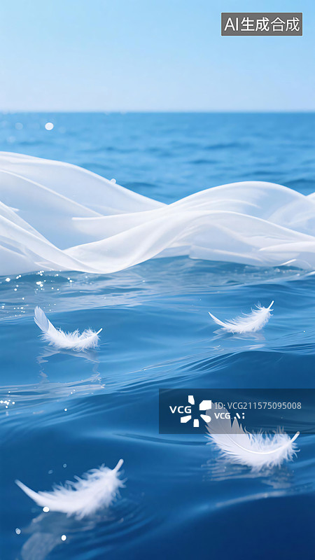【AI数字艺术】白纱与羽毛漂浮海面插画风格梦幻海洋主题背景图片素材