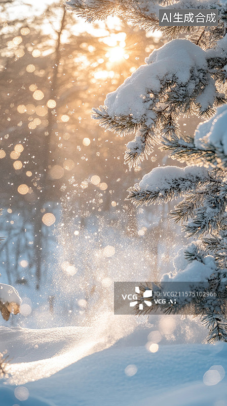 【AI数字艺术】宁静积雪雪松逆光凝固静谧瞬间晶莹雪花空调家电中央空调广告高级美感素材商业背景洁氧湿温静柔风图片素材