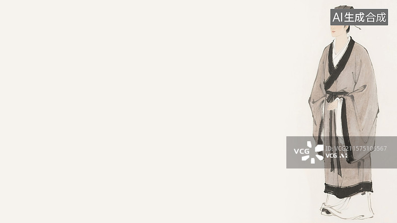 【AI数字艺术】复古中国风水墨画居右背景，中国古代青年文人诗人词人文官形象肖像画 唐宋八大家汉服苏东坡巾古头巾乌角巾图片素材