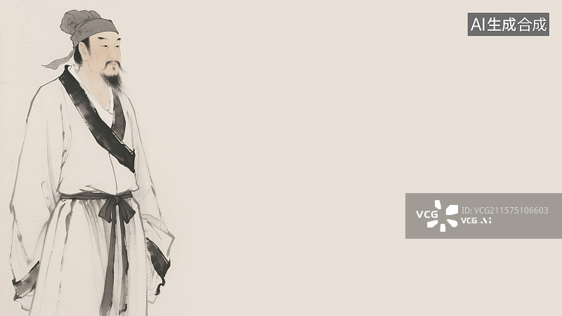 【AI数字艺术】复古中国风水墨画居左背景，中国古代中老年文人诗人词人文官形象肖像画唐宋八大家汉服苏东坡巾古头巾乌角巾图片素材