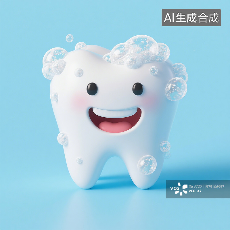 【AI数字艺术】3D渲染可爱的卡通牙齿，满身泡沫的拟人牙齿，洗牙，漱口，牙齿清洁图片素材