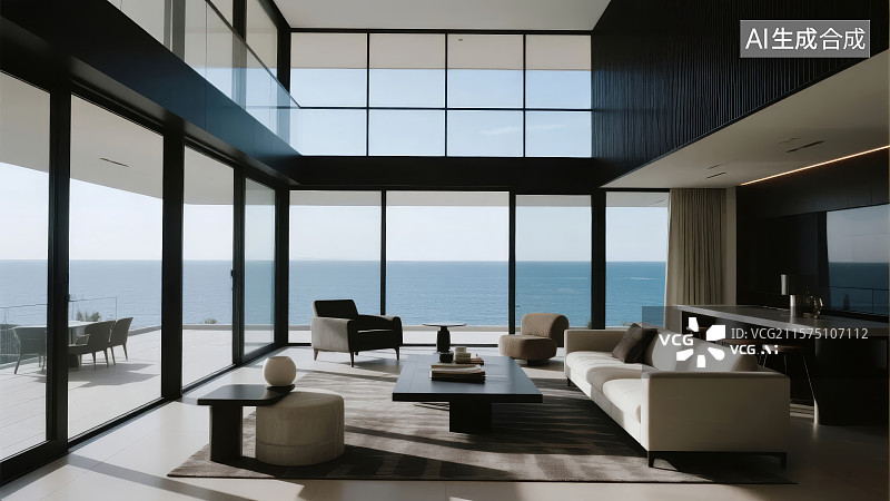 【AI数字艺术】现代海滨别墅客厅全景图片素材