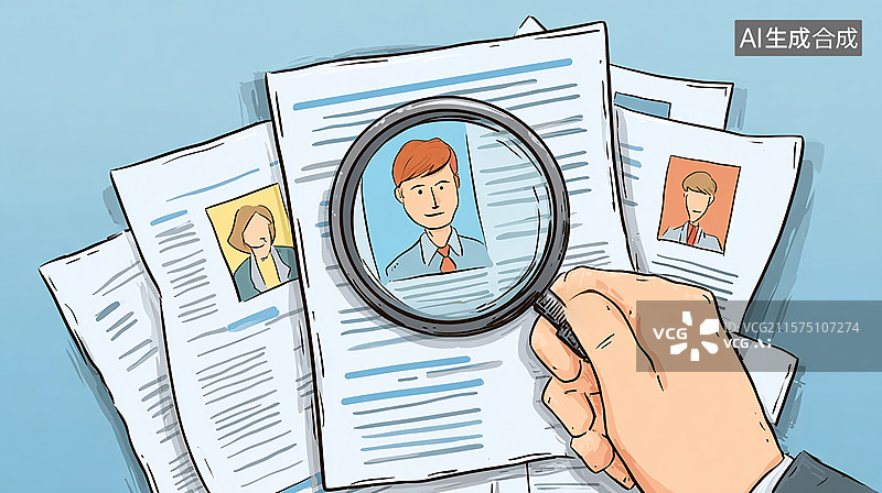 【AI数字艺术】放大镜下简历筛选图片素材