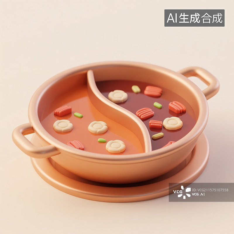 【AI数字艺术】3D渲染，卡通火锅，鸳鸯锅，鸳鸯火锅，川味火锅，重庆火锅，中国传统美食图片素材