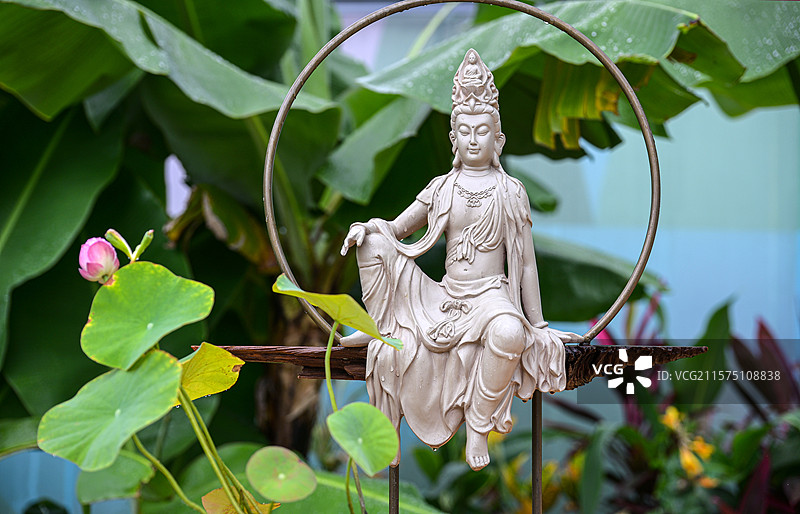 精品碗莲盆栽微景观与观音佛像摆件特写图片素材