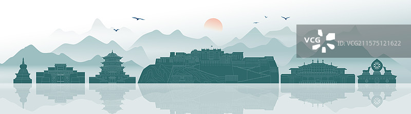 国风水墨拉萨城市地标建筑矢量插画图片素材