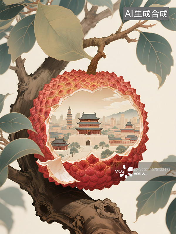 【AI数字艺术】长安荔枝国风插画图片素材