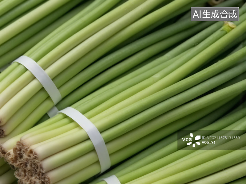 【AI数字艺术】新鲜翠绿蒜薹捆绑整齐待售图片素材
