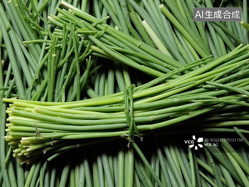 【AI数字艺术】新鲜翠绿蒜薹捆绑整齐待售图片素材