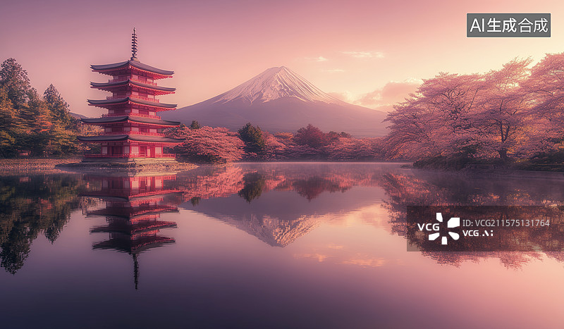 【AI数字艺术】湖畔古塔映富士图片素材